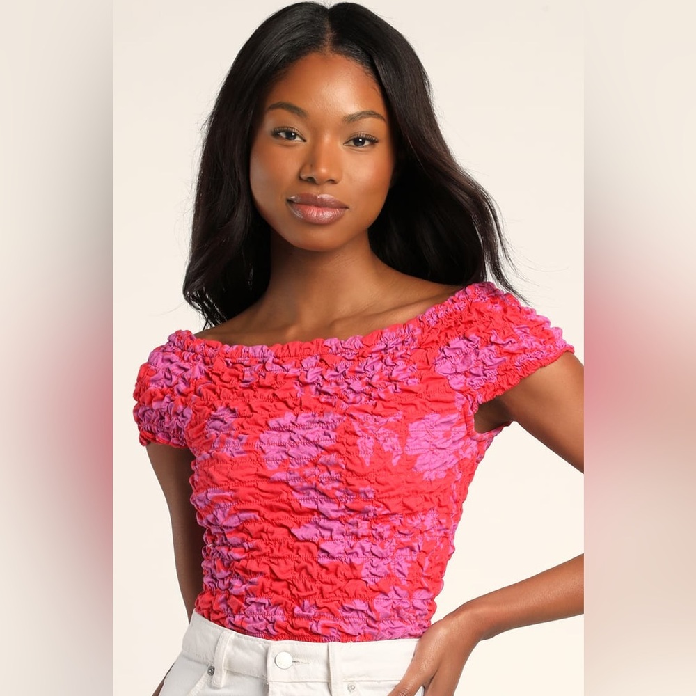 Free People Red and Purple Ruched Blouse